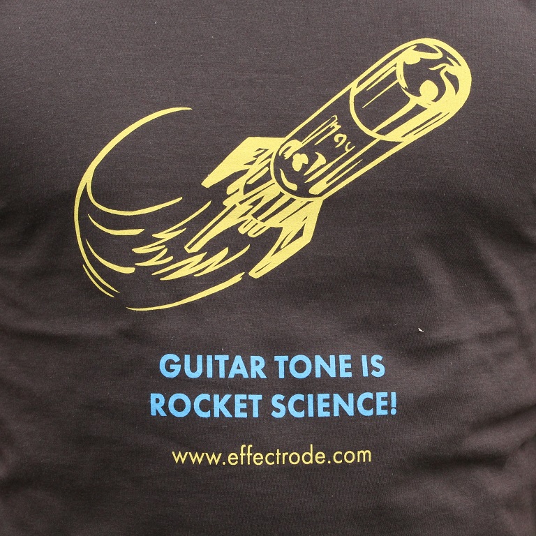 Close up of an effectrode rocket logo on tshirt