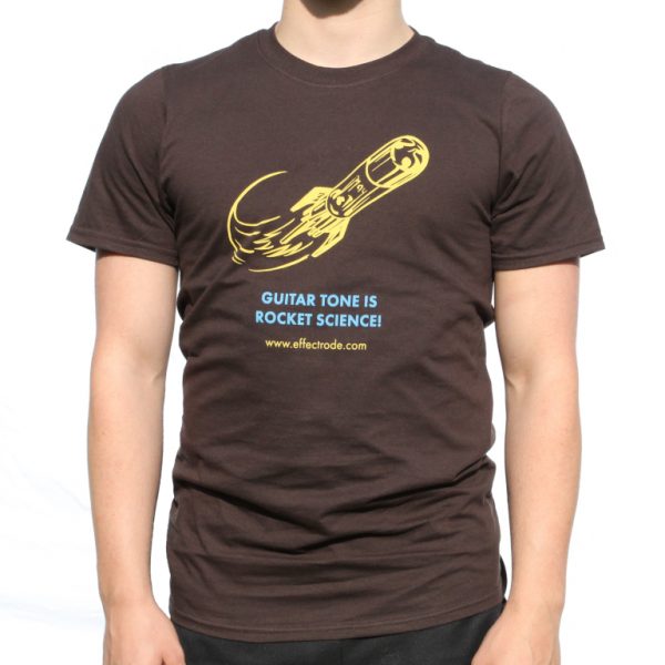 A Brown t-shirt with effectrode rocket logo