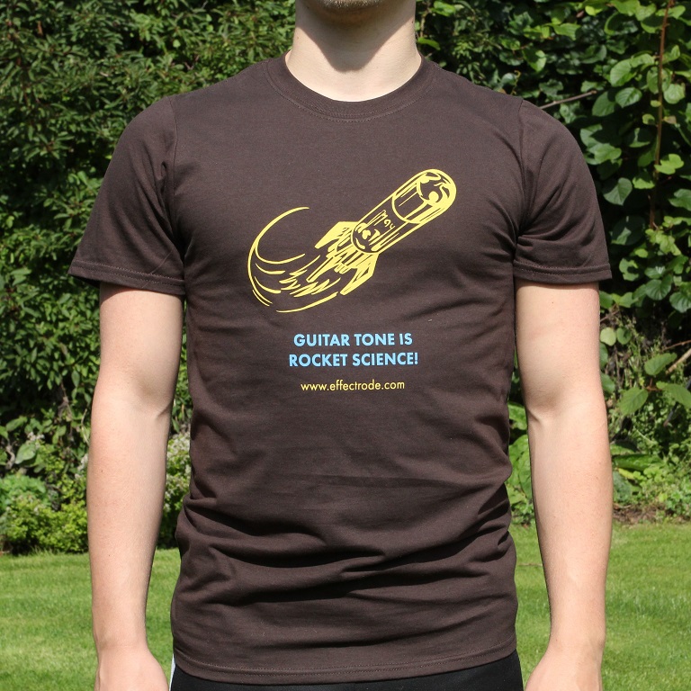 A Brown Tshirt with Effectrode rocket logo