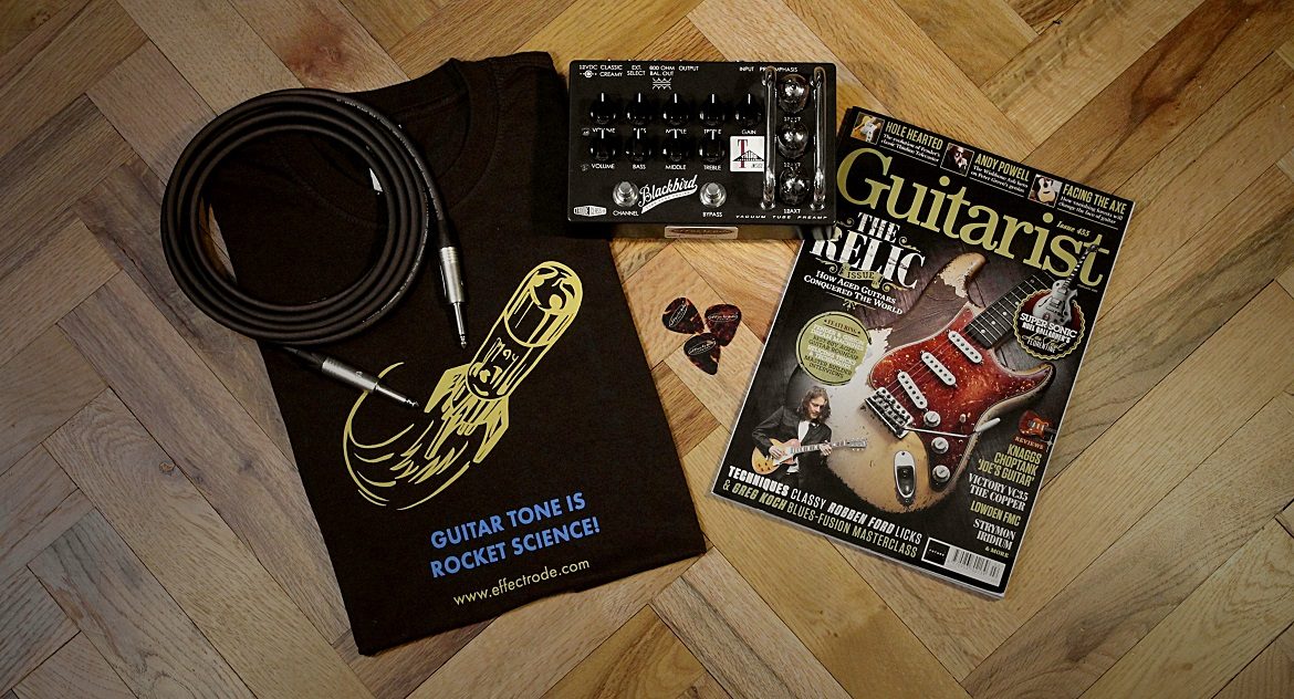 a photo of prizes including a T-shirt, magazine, guitar pedal and cable